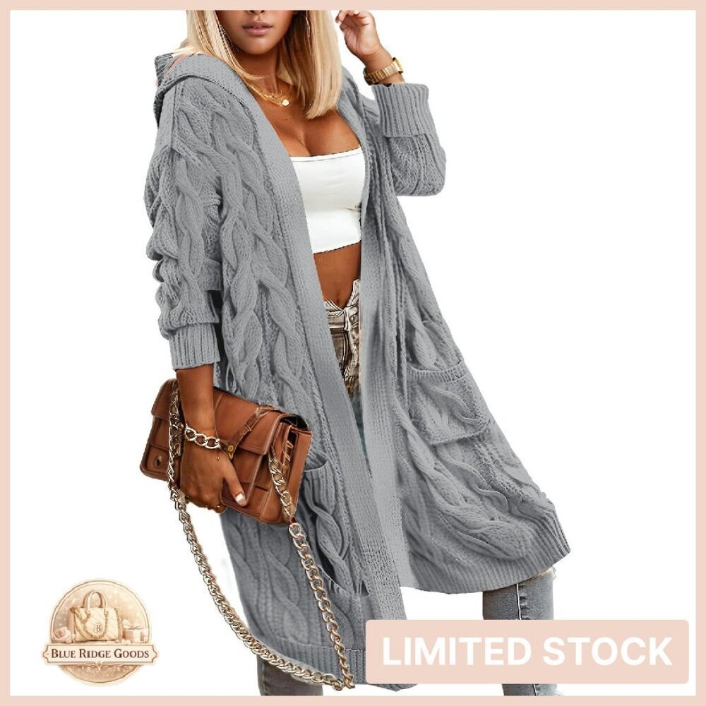 Oversized Cable Knit Cardigan Hooded Knee Length Chunky Knit Sweater Coat